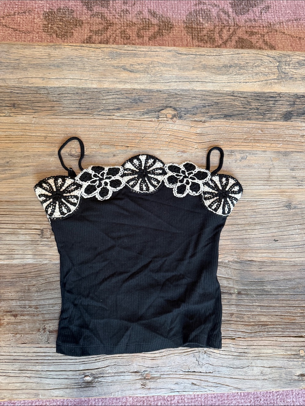 J. Crew Black Cami with Ivory Floral Lace Trim